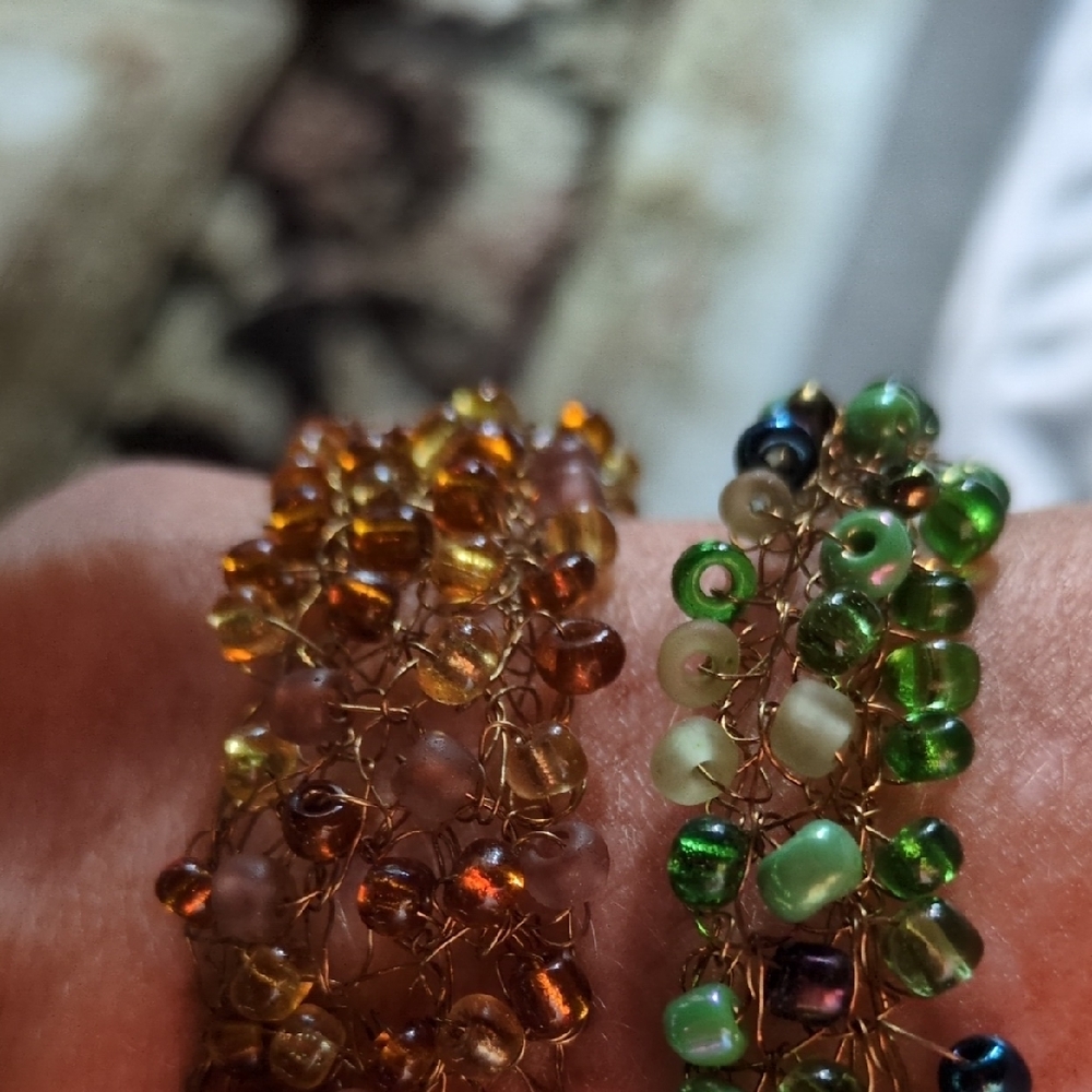 Elegant Beaded Bracelet Set - Gold and Green Handmade Crochet Wire Thread